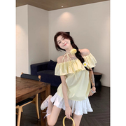 黄色一字肩短袖衬衫女夏季韩系chic设计感荷叶，边露肩衬衣气质上衣
