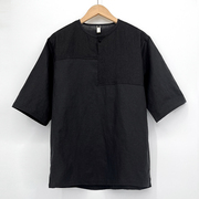 亚麻T恤男士短袖高端国风潮牌日系复古拼接棉麻上衣黑色半袖夏天