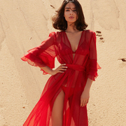 红色性感沙滩裙荷叶袖雪纺连衣裙，修身显瘦大摆v领收腰长裙超仙女
