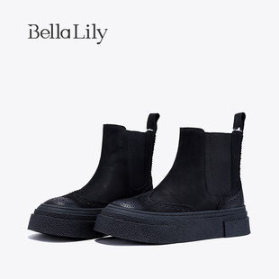 bellalily2023冬季加绒羊毛切尔西靴女牛皮中筒靴复古瘦瘦靴