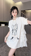 RR fashion 短袖T恤裙女2024夏季中长款兔子印花网纱拼接上衣