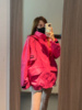 韩国20224春冬季玫，红色宽松刺绣帅气冲锋衣加绒棉服外套