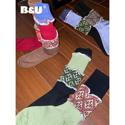 B&U新中式吉祥如意蓝绿红拼接袜子中筒袜堆堆袜女小众秋冬百搭