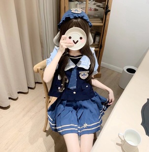 韩系甜美可爱风jk制服，洛丽塔奶乖少女撞色拼接娃娃领衬衣百褶裙女