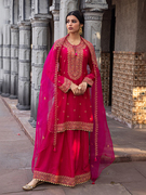 印度进口女装丝绵刺绣民族风服饰，旁遮比3件套，重工印巴风情玫红色