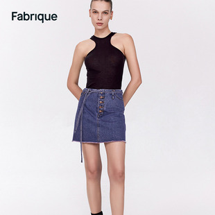 Fabrique 多纽扣穿绳设计水洗牛仔半身裙女2024春夏廓形短裙