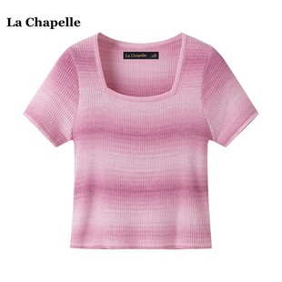 拉夏贝尔/La Chapelle撞色条纹方领针织短袖T恤女夏正肩上衣