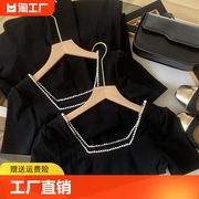 法式淑女气质黑色方领珍珠连衣裙夏季流行中长裙FG426588