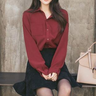 酒红色雪纺衬衫女黑加绒长袖保暖冬季韩版宽松长袖加厚白色衬衣女