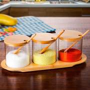 玻璃调味罐三件套密封竹盖竹底座带勺调料盒创意实用茶叶干果罐子