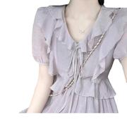 茶歇法式紫色v领荷叶边连衣裙，子女夏2024设计感小众气质长裙
