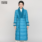 秋冬中国风90%白鸭绒精致牡丹刺绣羊毛领保暖长款高级羽绒服