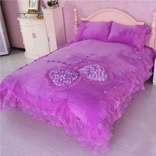 促品珊瑚绒四件套韩式蕾丝，紫色花边公主，床品18m短毛绒四件套床裙