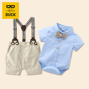 男宝宝夏装套装1-3岁洋气时尚婴儿衣服短袖，薄款背带裤生日聚会服