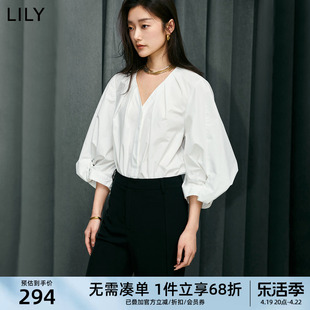 lily2024夏女装(夏女装)优雅气质通勤款设计感复古灯笼袖宽松白衬衫女