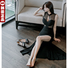 韩国名媛气质派对礼服性感，镂空网纱蕾丝长款晚装无袖连衣裙黑