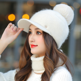 帽子女冬天韩版时尚棒球帽冬季百搭显脸小兔毛针织鸭舌保暖毛线帽