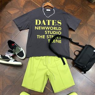 夏季高级感套装男宽松字母短袖t恤休闲五分裤，彩色短裤半袖两件套