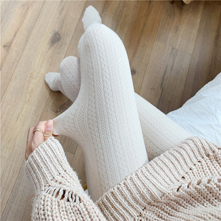 日系奶白色连裤袜女麻花针织加绒白丝袜(白丝袜)纯欲秋冬季加厚保暖打底裤