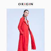 商场同款亚麻大红色，风衣外套女西装，领系带显瘦中长款风衣