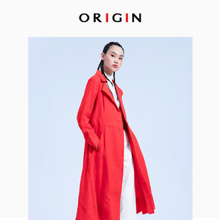 商场同款亚麻大红色风衣外套女西装领系带显瘦中长款风衣