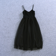 黑色针织拼接网纱吊带裙连衣裙，打底裙无袖背心裙中长，修身仙女裙子