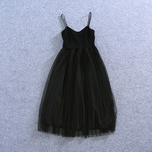 黑色针织拼接网纱吊带裙连衣裙，打底裙无袖，背心裙中长修身仙女裙子