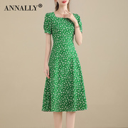 annally夏季法式优雅时，尚方领中长款大摆绿色，印花连衣裙
