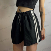 Vintage Wen美式复古黑色系带休闲宽松高腰运动短裤夏季女百搭
