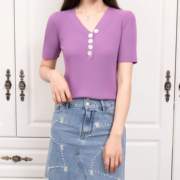 紫色紫罗兰T恤女V领薄款夏季2020贝壳扣网红冰丝香芋紫上衣