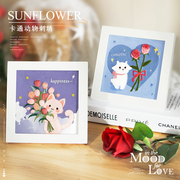 暖猫刺绣手工diy材料包情侣相框画摆台玫瑰花朵送好友结婚礼物