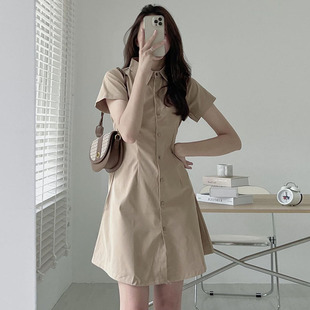 韩国chic夏季简约气质，翻领单排扣收腰显瘦短袖，衬衫式小个子连衣裙