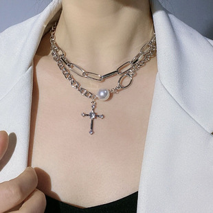 小众潮朋克水钻十字架，叠戴多层珍珠金属项链，锁骨链男女choker颈链