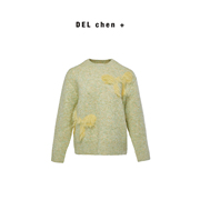delchen2023fw黄色，蝴蝶结拼绿色，慵懒圆领毛衣23c-026