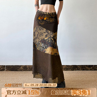ROCKMORE中古风棕色复古网纱半裙vintage印花拼接修身中长裙