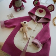 草莓熊双面(熊双面)羊毛大衣，秋冬儿童可爱卡通连帽毛呢外套女童中长款宝宝