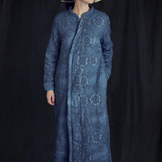 2020冬季蓝色中式刺绣花亚麻长袖中长款棉服，加厚保暖外套
