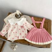 2023秋装婴幼儿女宝宝粉色豹纹，针织外套+粉色，针织吊带裙两件套装