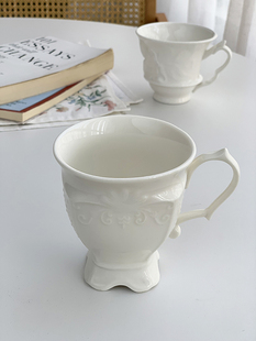 安木良品外贸出口法式复古精致浮雕白色陶瓷，下午茶杯子咖啡杯