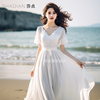 白色蕾丝短袖连衣裙v领长裙海边度假沙滩裙，沙漠裙高端精致礼服裙