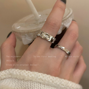 银色素圈锆石开口戒指套装，女冷淡风气质情侣，指环时尚个性食指戒潮