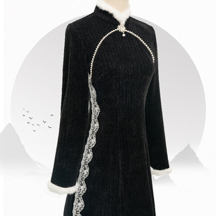 黑色秋冬旗袍2022年中式加厚雪尼尔日常长袖改良版连衣裙