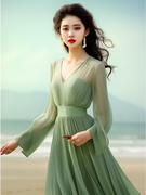 薄荷曼波风绿色连衣裙气质高端女神，范高级(范高级)感度假雪纺长裙春夏