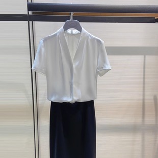 华来阿玛施特品牌2024夏白色法式V领薄款职业女上衣雪纺短袖衬衫