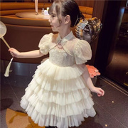 女童蓬蓬连衣裙夏季儿童礼服旗袍，裙子小女孩泡泡，袖蛋糕公主裙洋气