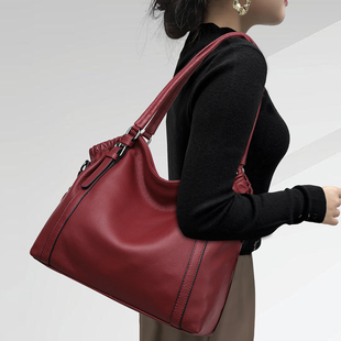 真皮包包女2023休闲包红色大容量包包女士时尚复古单肩手提包