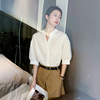 白色衬衫女夏款显瘦中袖立领，职业通勤宽松短袖设计感泡泡袖上衣
