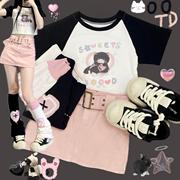Ruibbit原创玩偶小猫印花拼接t恤短袖女短款y2k插肩袖可爱黑粉色