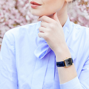 selvine黑色表盘手表金色，表圈白色罗马数字，蓝色文理皮革28mm