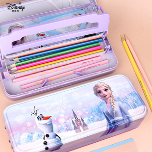 迪士尼马口铁笔盒冰雪女小学生儿童文具盒三层多功能大容量铅笔袋